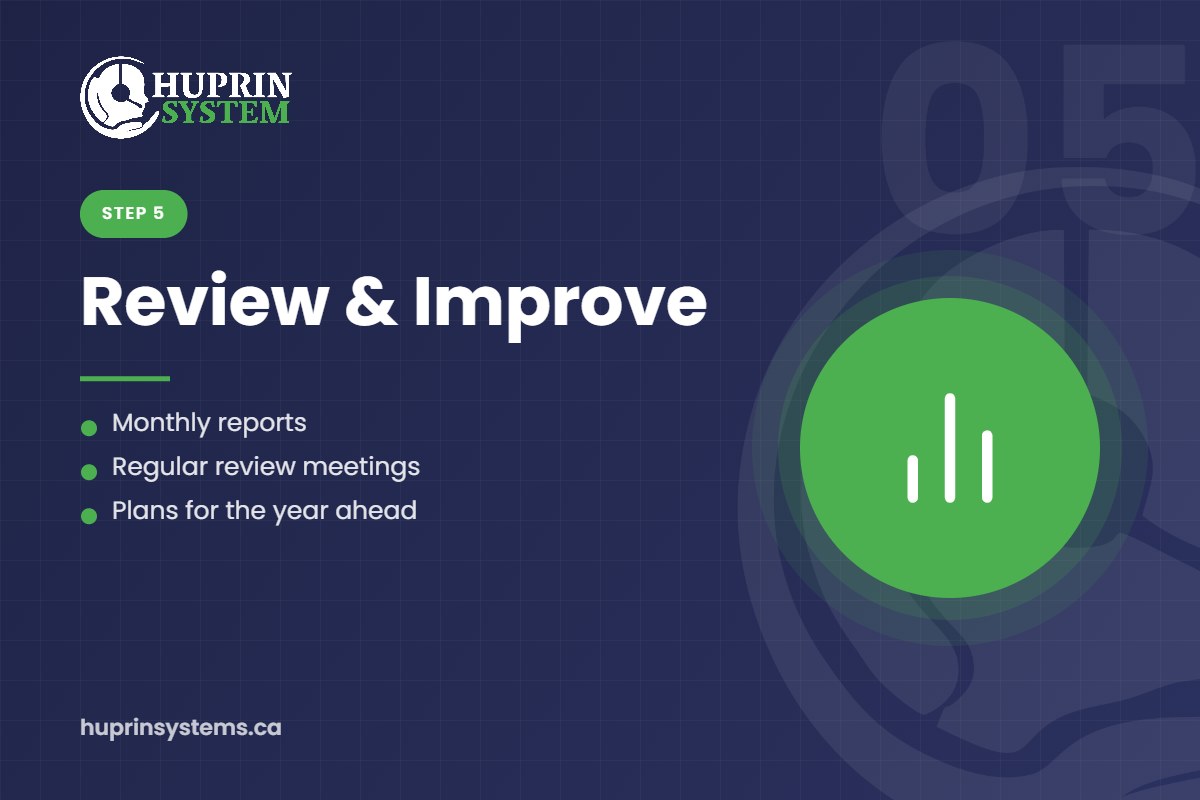 Step 5 Review and improve: monthly reports, review meetings and IT planning